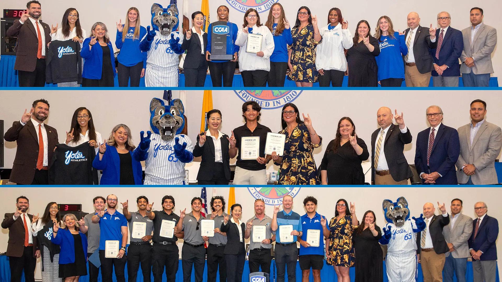 Honored for successful seasons in 2025-26 by the San Bernardino City Council at its June 3 meeting were, from top to bottom, the women’s volleyball team, the men’s golf team and the baseball team.